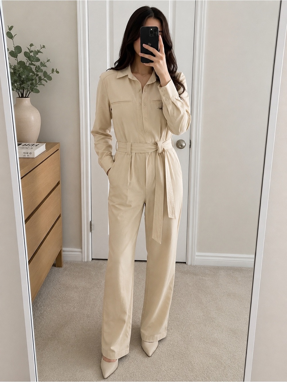 Zara Beige Utility Tie-Waist Jumpsuit